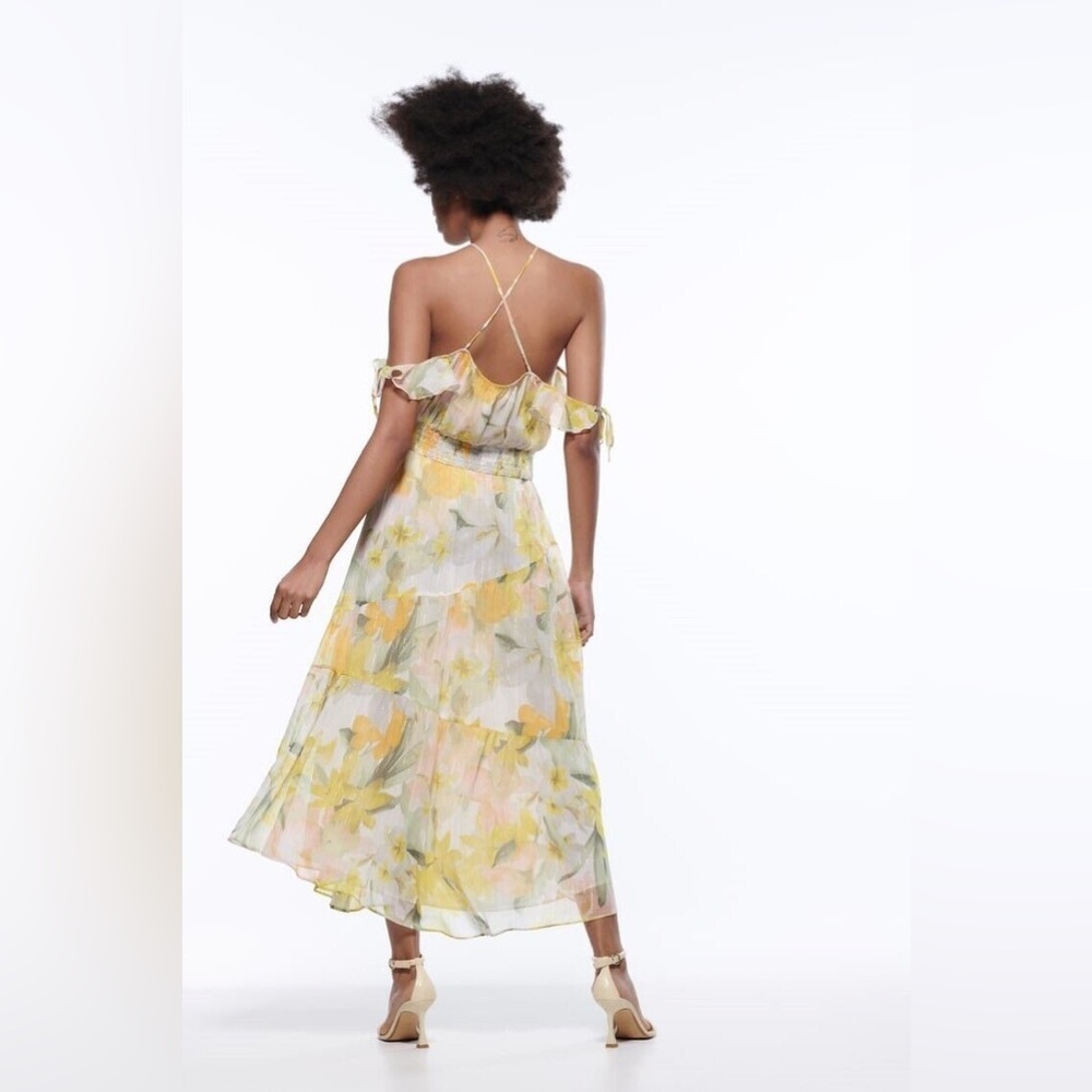 Zara Metallic Thread Floral Print Ruffle Dress NWT Size XL - Picture 5 of 16